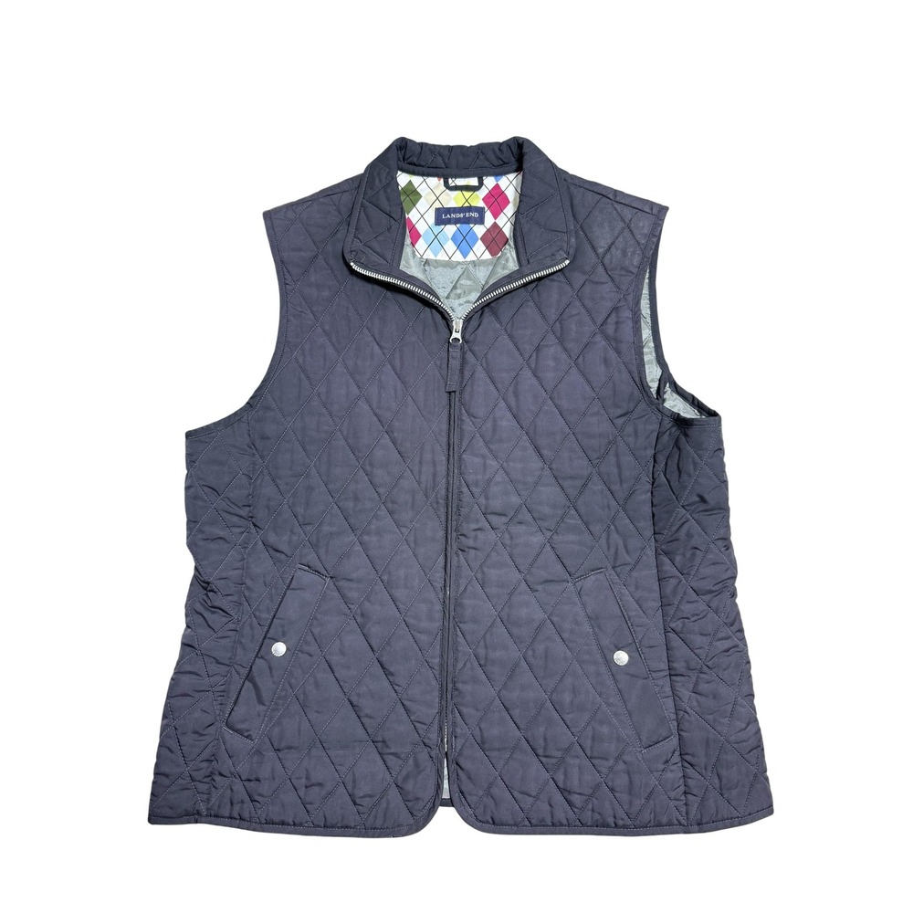 Lands End Vest Womens Large Navy Blue Quilted Argyle‎ Lined Zip Pockets